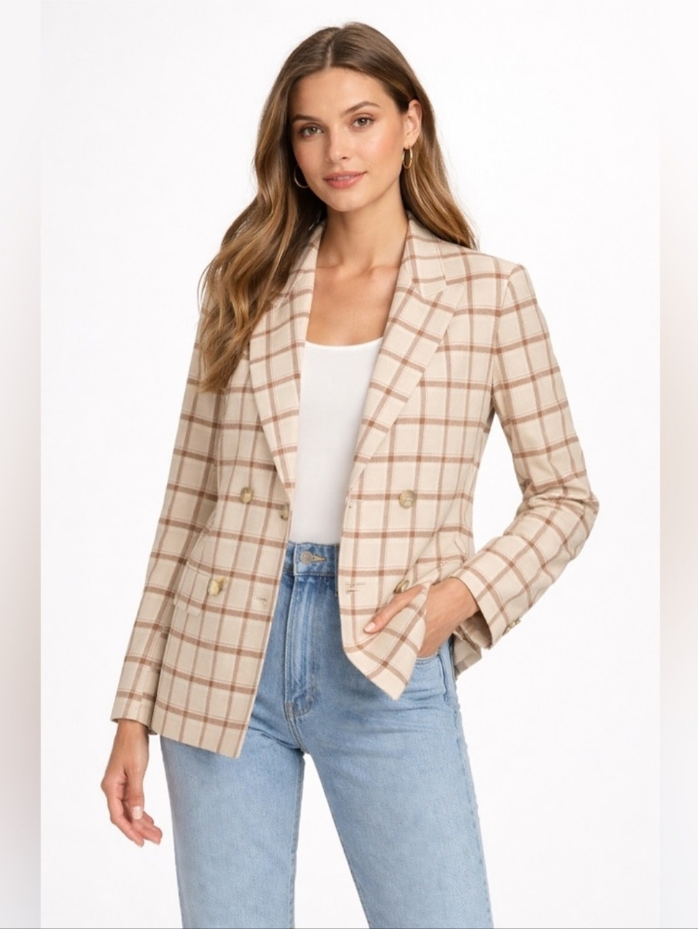 Aritzia Wilfred Destiny Double Breasted Blazer sz 4 Plaid Ivory Tan